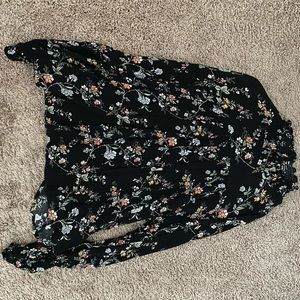 Black Mock Neck Long Sleeve Blouse w floral detail